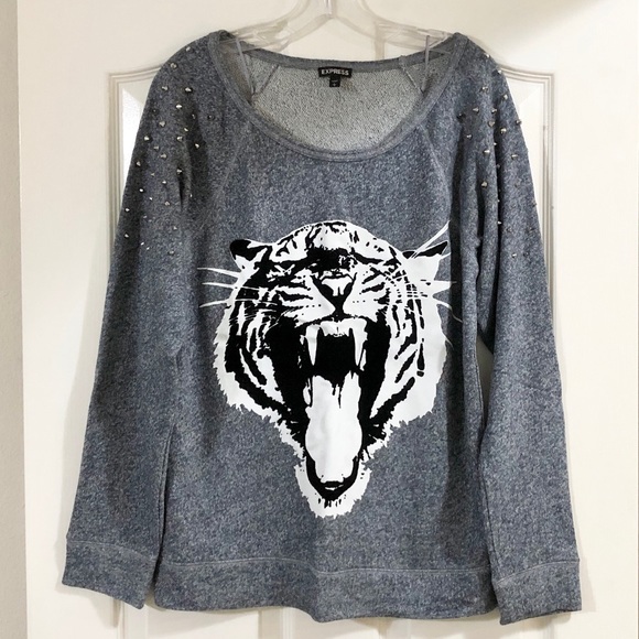 Express French Terry Sweatshirt with Shoulder Spikes and B&W Velvet Tiger - L - Picture 9 of 17